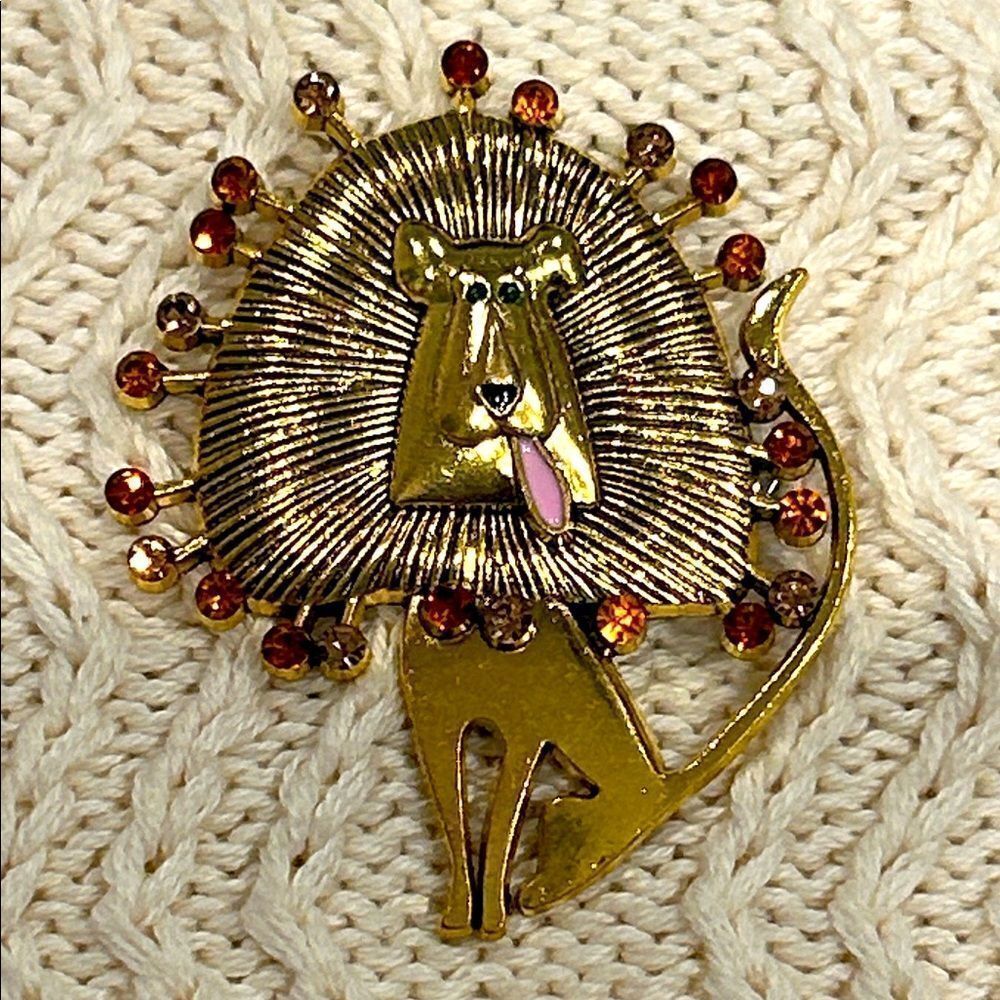 Gold Lion Brooch with Multicolor Accents